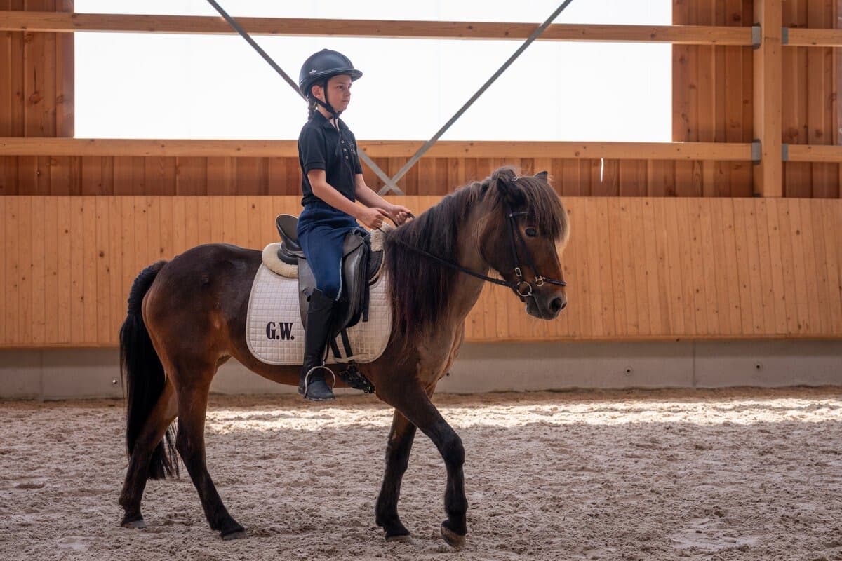 Ein Kind reitet ein Islandpony im Schritt durch die Reithalle